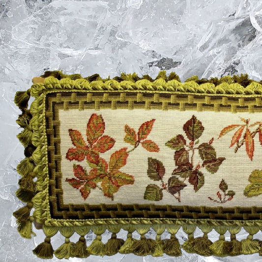 Handmade Wool Needlepoint Pillow Cover - Decorative Throw Cushion Cover - Vintage Floral Embroidery Design leaves with brown bamboo frame 3 color tassels 1
