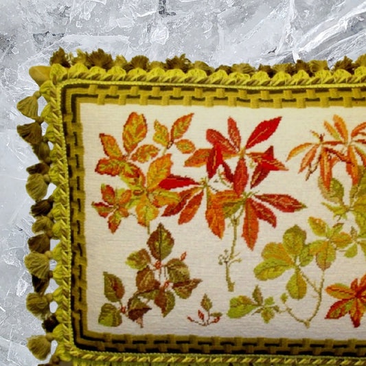 Handmade Wool Needlepoint Pillow Cover - Decorative Throw Cushion Cover - Vintage Floral Embroidery Design leaves with brown bamboo frame 3 color tassels