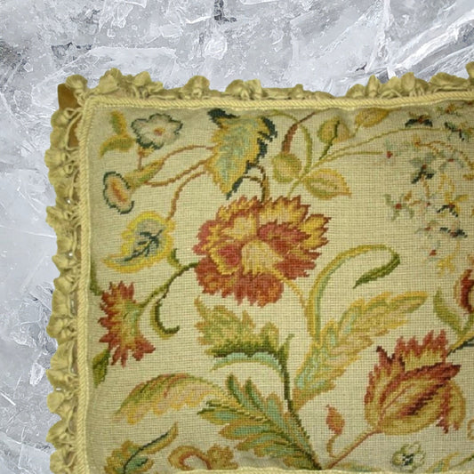 Handmade Wool Needlepoint Pillow Cover - Decorative Throw Cushion Cover - Vintage Floral Embroidery Design floral with tassels