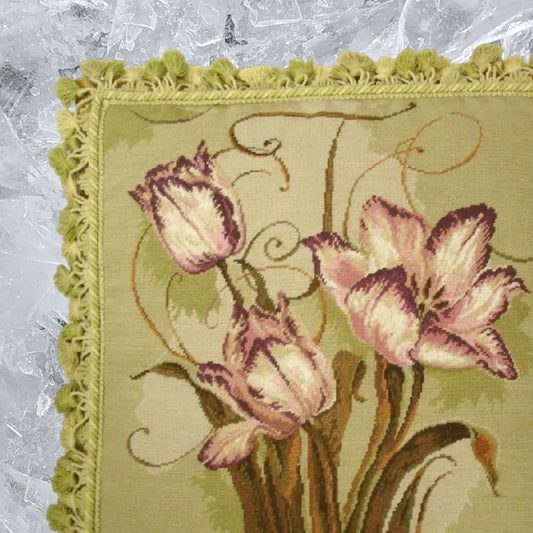 Handmade Wool Needlepoint Pillow Cover - Decorative Throw Cushion Cover - Vintage Floral Embroidery Design Kathryn White designtulip trumeau with tassel