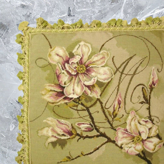 Handmade Wool Needlepoint Pillow Cover - Decorative Throw Cushion Cover - Vintage Floral Embroidery Design Kathryn White designMagnolia Trumeau with tassel