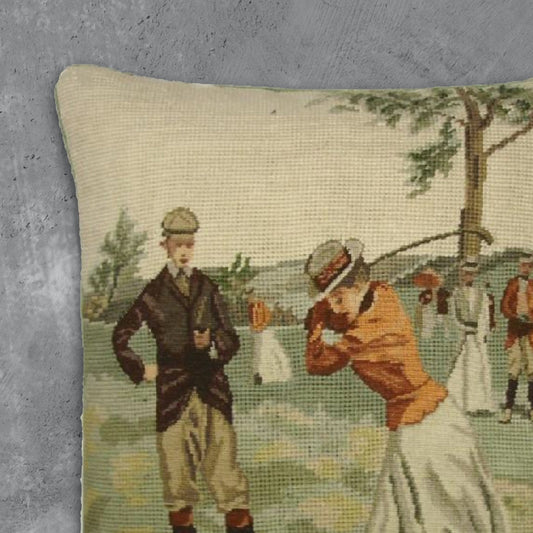 Handmade Wool Needlepoint Pillow Cover - Decorative Throw Cushion Cover - Vintage Floral Embroidery Design background Golfer