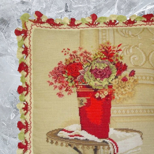 Handmade Wool Needlepoint Pillow Cover - Decorative Throw Cushion Cover - Vintage Floral Embroidery Design Kathryn White Design c