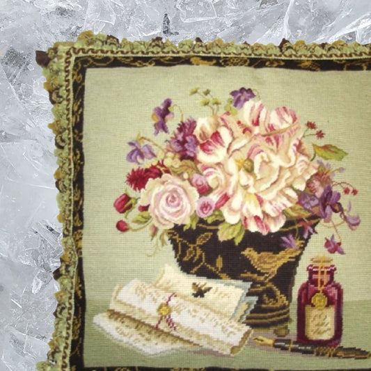 Handmade Wool Needlepoint Pillow Cover - Decorative Throw Cushion Cover - Vintage Floral Embroidery Design Kathryn White Design g