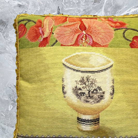 Handmade Wool Needlepoint Pillow Cover - Decorative Throw Cushion Cover - Vintage Floral Embroidery Design Kathryn White Design L