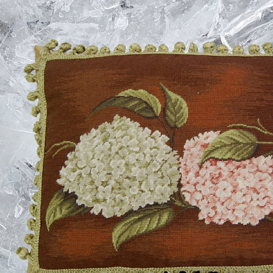 Handmade Wool Needlepoint Pillow Cover - Decorative Throw Cushion Cover - Vintage Floral Embroidery Design brown background pink & green hydrangea with tassels