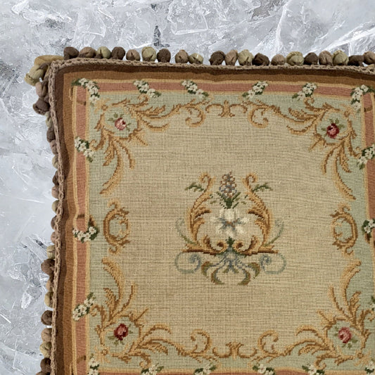 Handmade Wool Needlepoint Pillow Cover - Decorative Throw Cushion Cover - Vintage Floral Embroidery Design yellow harp floral with 3 color tassel