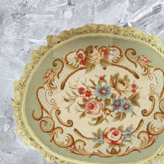 Handmade Wool Needlepoint Pillow Cover - Decorative Throw Cushion Cover - Vintage Floral Embroidery Design oval pillow central flower light green frame nature tassels