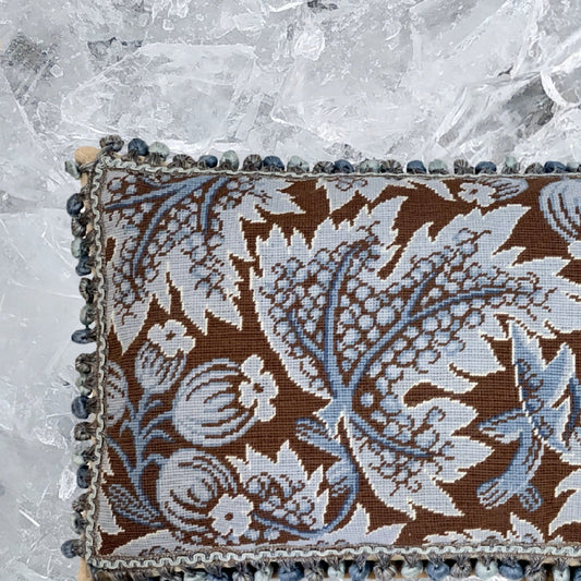 Handmade Wool Needlepoint Pillow Cover - Decorative Throw Cushion Cover - Vintage Floral Embroidery Design blue grape leaves brown background with tassels