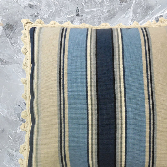 Handmade Wool Needlepoint Pillow Cover - Decorative Throw Cushion Cover - Vintage Floral Embroidery Design square in blue/navy/ivory/sand with tassels