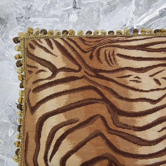 Handmade Wool Needlepoint Pillow Cover - Decorative Throw Cushion Cover - Vintage Floral Embroidery Design Tiger animal print with 3 color tassel