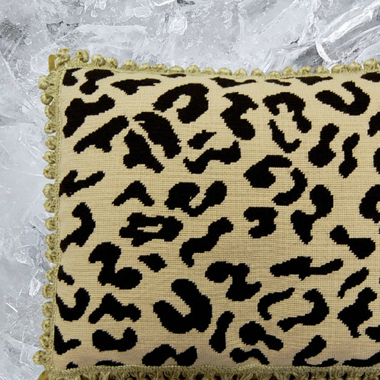 Handmade Wool Needlepoint Pillow Cover - Decorative Throw Cushion Cover - Vintage Floral Embroidery Design black leopard print nature background with tassels