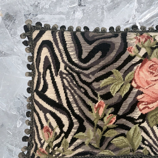 Handmade Wool Needlepoint Pillow Cover - Decorative Throw Cushion Cover - Vintage Floral Embroidery Design B/W zabera print pink rose with 3 color tassel