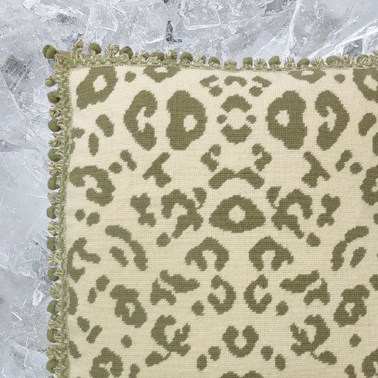 Handmade Wool Needlepoint Pillow Cover - Decorative Throw Cushion Cover - Vintage Floral Embroidery Design celery green animal print with tassels