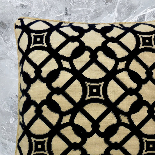 Handmade Wool Needlepoint Pillow Cover - Decorative Throw Cushion Cover - Vintage Floral Embroidery Design color black window designs checker cording