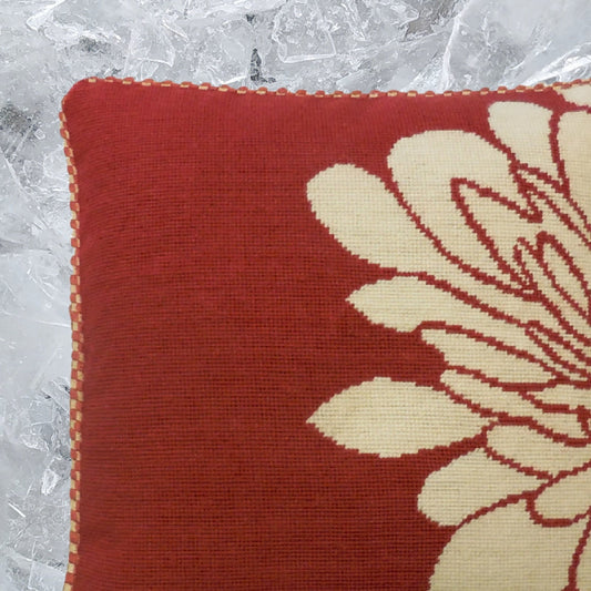 Handmade Wool Needlepoint Pillow Cover - Decorative Throw Cushion Cover - Vintage Floral Embroidery Design half flower red back checker cording