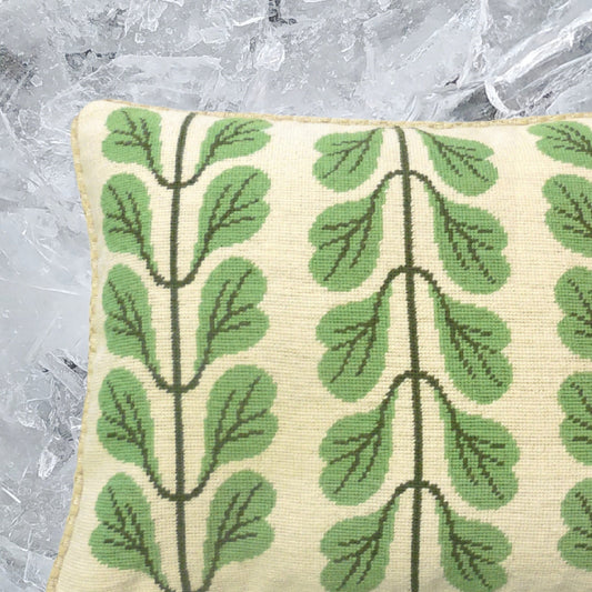 Handmade Wool Needlepoint Pillow Cover - Decorative Throw Cushion Cover - Vintage Floral Embroidery Design 3 lines green leaves checker cording