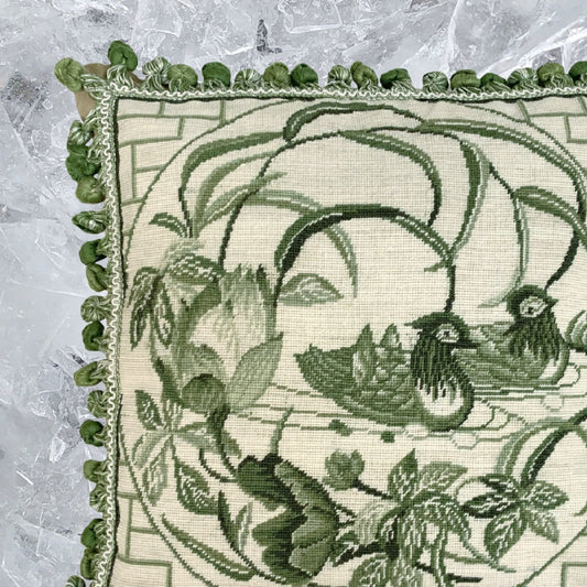 Handmade Wool Needlepoint Pillow Cover - Decorative Throw Cushion Cover - Vintage Floral Embroidery Design green Manderain Ducks lotus flower with tassels