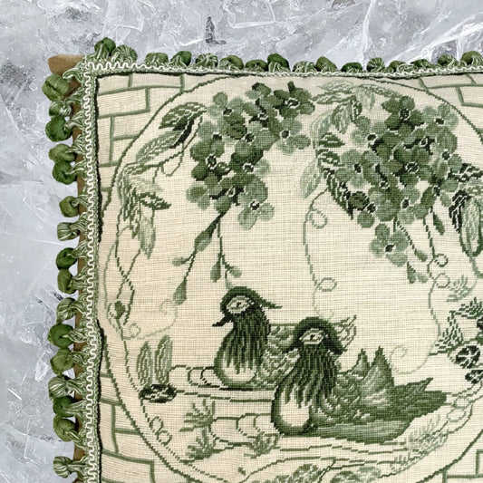 Handmade Wool Needlepoint Pillow Cover - Decorative Throw Cushion Cover - Vintage Floral Embroidery Design green Manderain Ducks plum flower with tassels