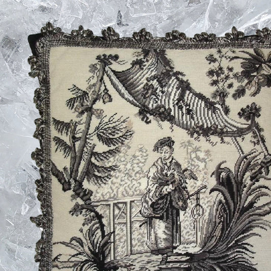 Handmade Wool Needlepoint Pillow Cover - Decorative Throw Cushion Cover - Vintage Floral Embroidery Design Chinese fishman black/white