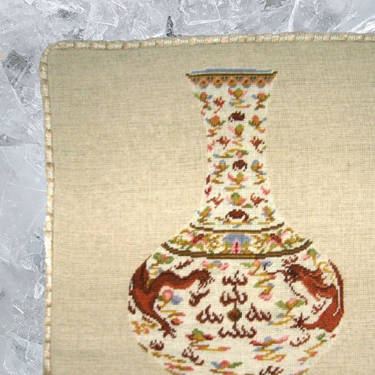 Handmade Wool Needlepoint Pillow Cover - Decorative Throw Cushion Cover - Vintage Floral Embroidery Design Ming dynasty dragon vast with cording