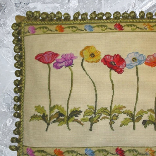 Handmade Wool Needlepoint Pillow Cover - Decorative Throw Cushion Cover - Vintage Floral Embroidery Design with 2 color tassel