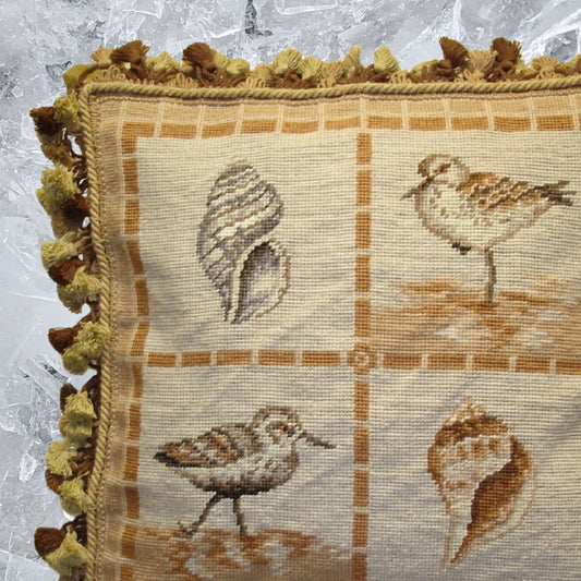 Handmade Wool Needlepoint Pillow Cover - Decorative Throw Cushion Cover - Vintage Floral Embroidery Design Brown bird and shell with tassel