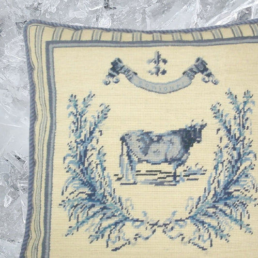 Handmade Wool Needlepoint Pillow Cover - Decorative Throw Cushion Cover - Vintage Floral Embroidery Design Gayle Bighouse design french country cow blue