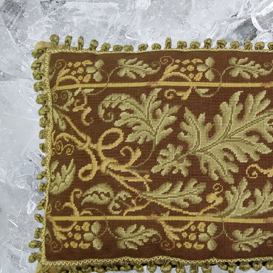 Handmade Wool Needlepoint Pillow Cover - Decorative Throw Cushion Cover - Vintage Floral Embroidery Design olive-brown grape leaves with 2 color tassel
