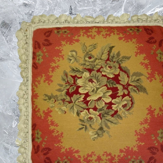 Handmade Wool Needlepoint Pillow Cover - Decorative Throw Cushion Cover - Vintage Floral Embroidery Design All central floral red frame with nature tassels