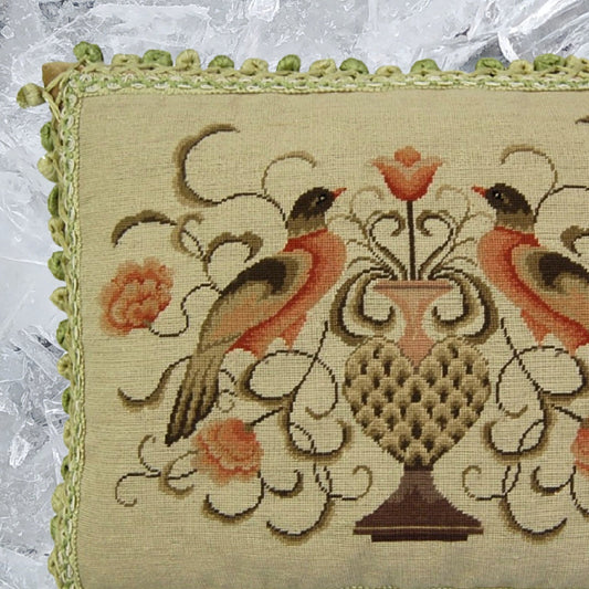 Handmade Wool Needlepoint Pillow Cover - Decorative Throw Cushion Cover - Vintage Floral Embroidery Design 2 birds with 2 color tassels