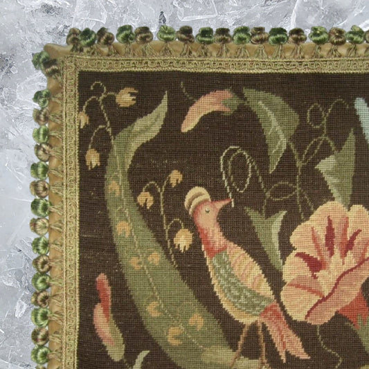 Handmade Wool Needlepoint Pillow Cover - Decorative Throw Cushion Cover - Vintage Floral Embroidery Design morning-glory/bird with tassel