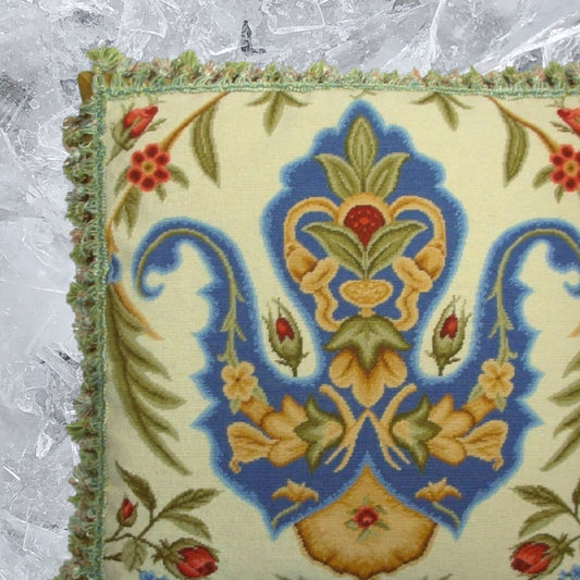 Handmade Wool Needlepoint Pillow Cover - Decorative Throw Cushion Cover - Vintage Floral Embroidery Design blue tulip red roses with tassels