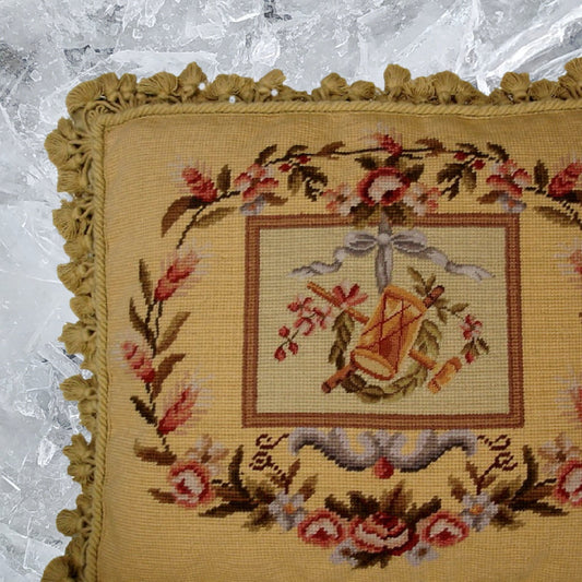 Handmade Wool Needlepoint Pillow Cover - Decorative Throw Cushion Cover - Vintage Floral Embroidery Design Pettipoing Drum background