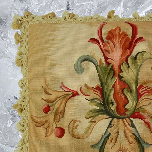 Handmade Wool Needlepoint Pillow Cover - Decorative Throw Cushion Cover - Vintage Floral Embroidery Design Wheat blooming single with tassels