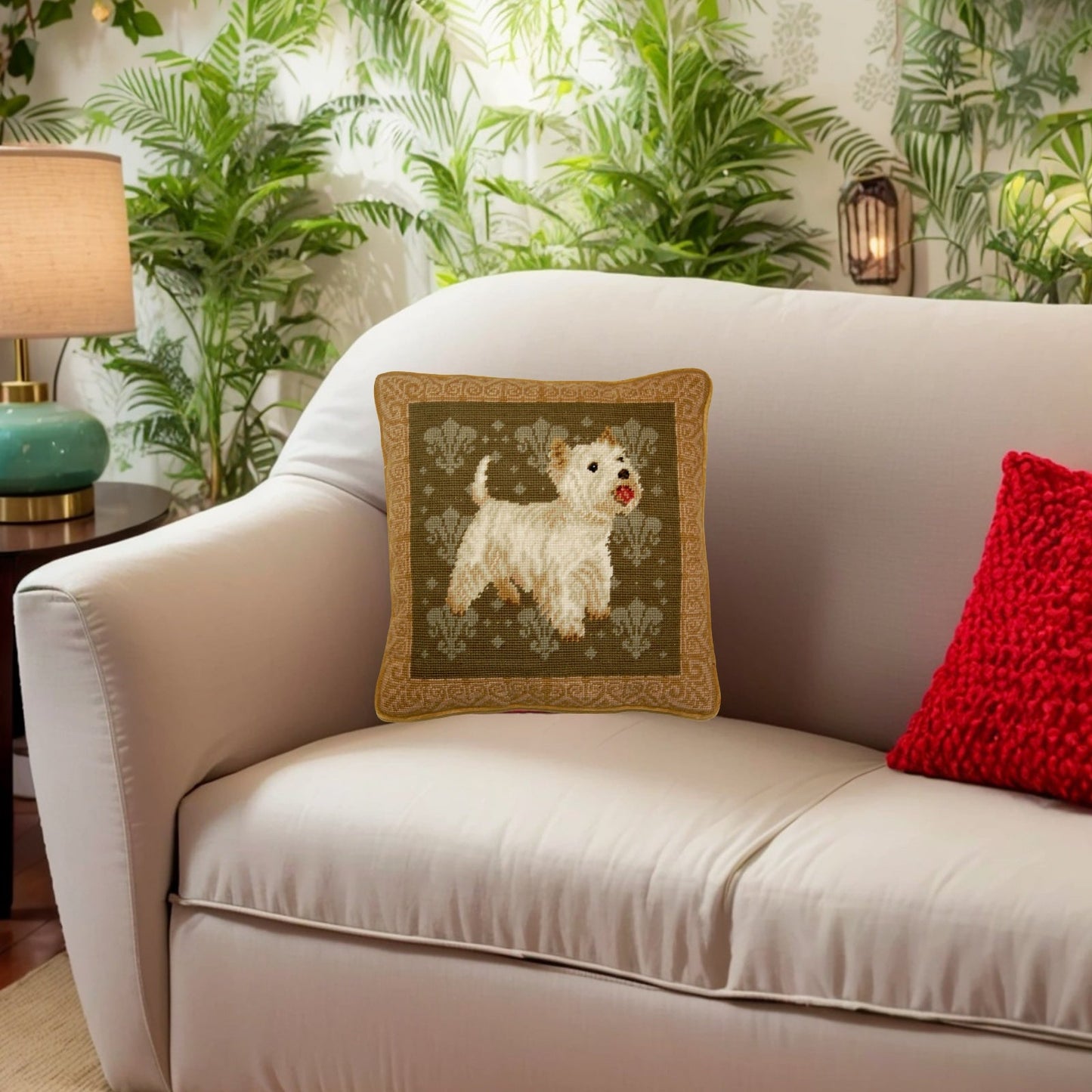 Handmade Wool Needlepoint Pillow Cover - Decorative Throw Cushion Cover - Vintage Floral Embroidery Design on Westies eyes & nose rest grosspoint