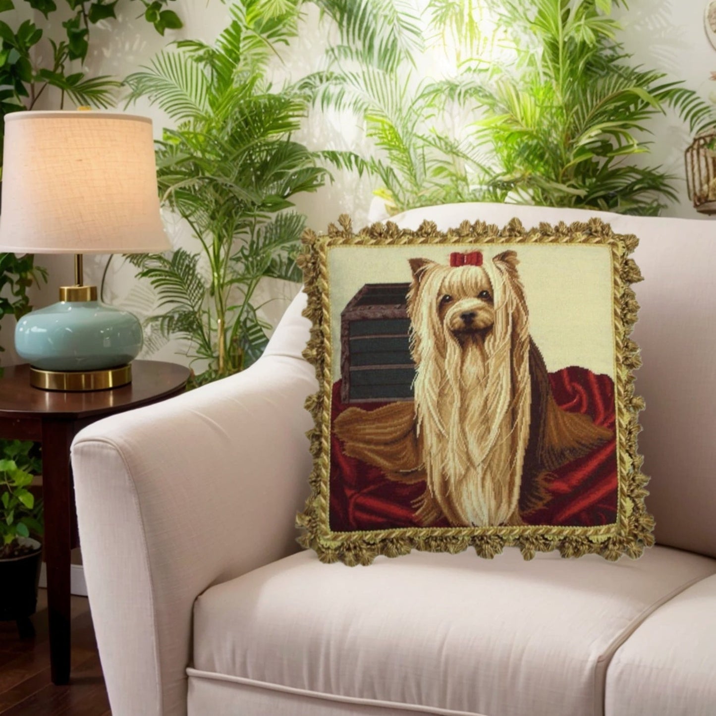 Handmade Wool Needlepoint Pillow Cover - Decorative Throw Cushion Cover - Vintage Floral Embroidery Design Yoki-front with tassels