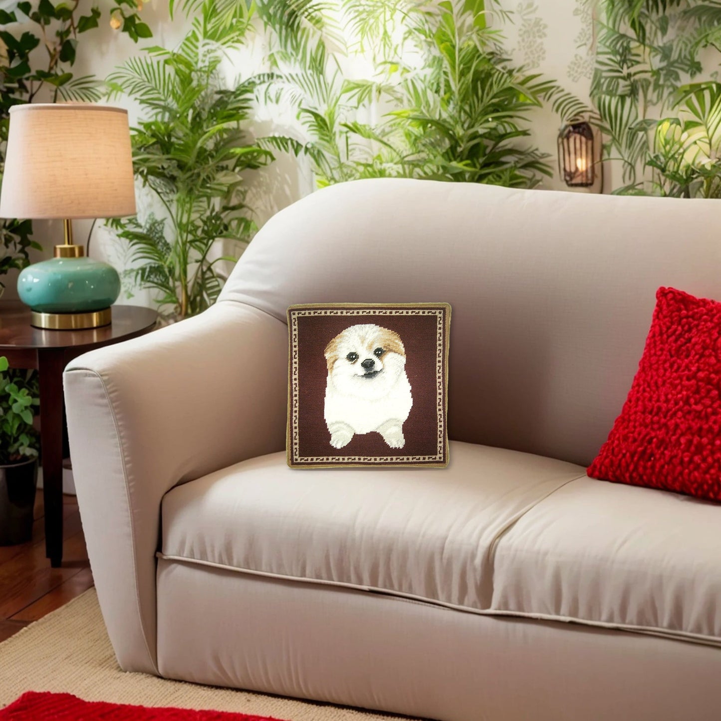 Handmade Wool Needlepoint Pillow Cover - Decorative Throw Cushion Cover - Vintage Floral Embroidery Design bichon burgundy background