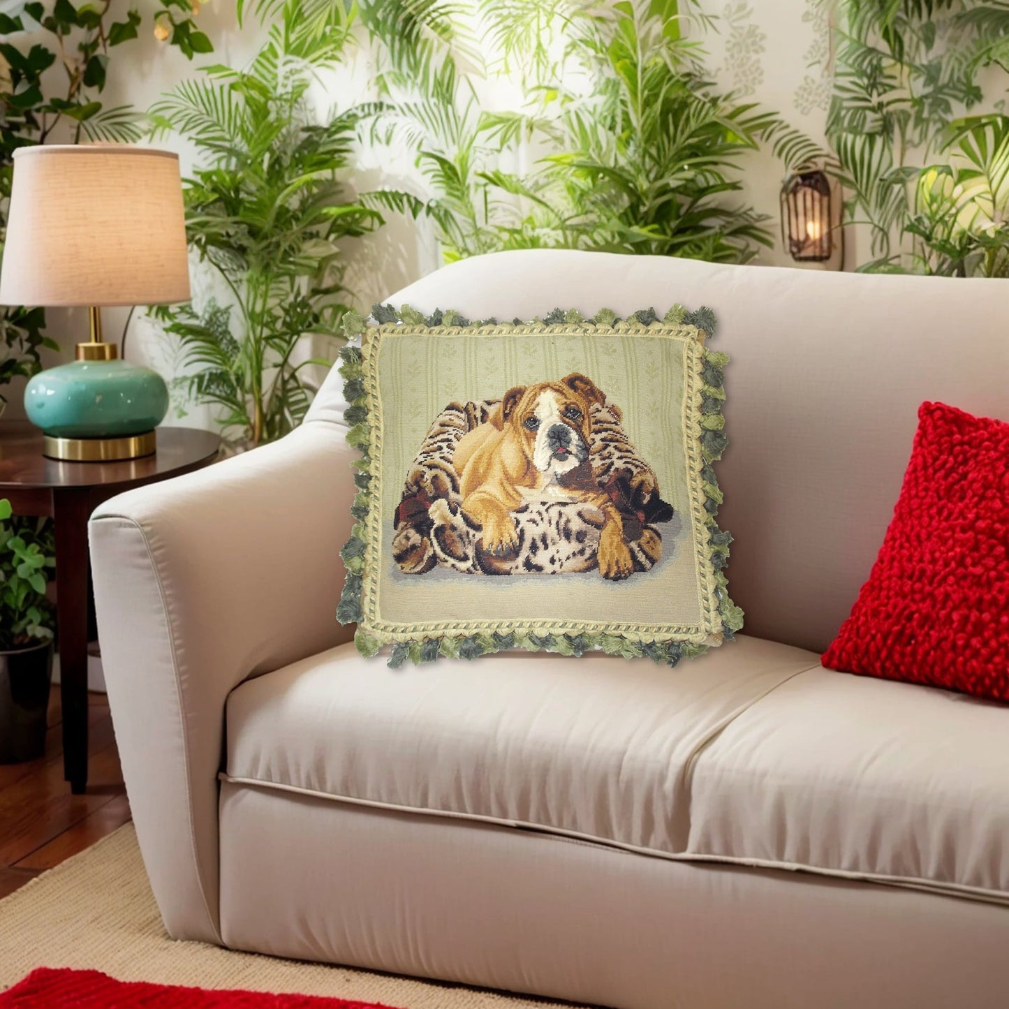 Handmade Wool Needlepoint Pillow Cover - Decorative Throw Cushion Cover - Vintage Floral Embroidery Design bull dog with mixed green tassel