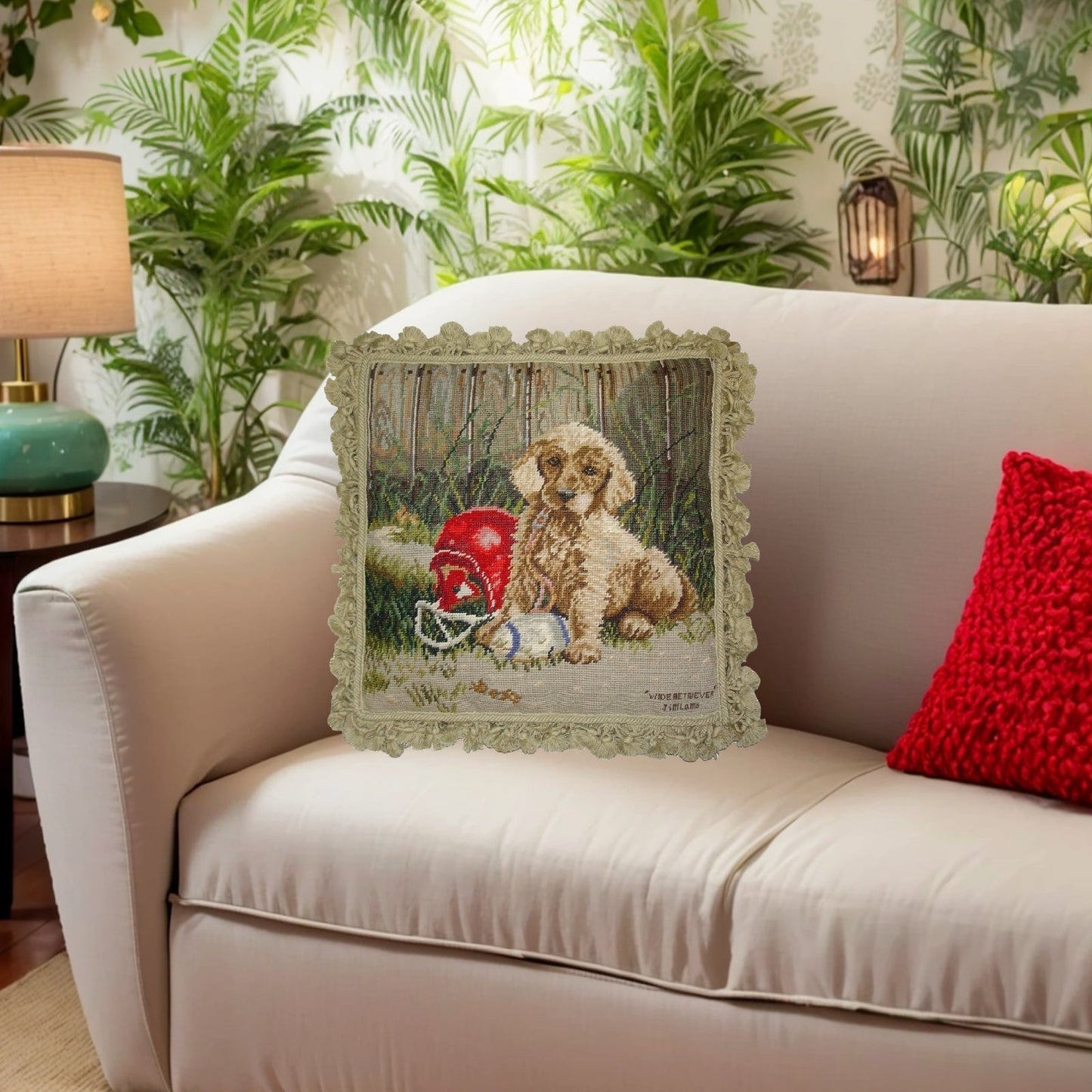 Handmade Wool Needlepoint Pillow Cover - Decorative Throw Cushion Cover - Vintage Floral Embroidery Design Jim Lambs designWide Retriever, &