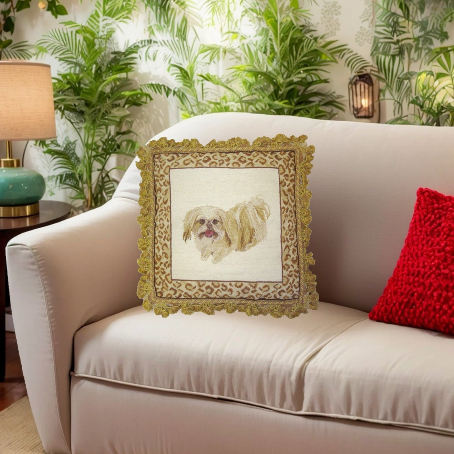 Handmade Wool Needlepoint Pillow Cover - Decorative Throw Cushion Cover - Vintage Floral Embroidery Design playfully Shih-Tzu with animal print frame 2 color tassels