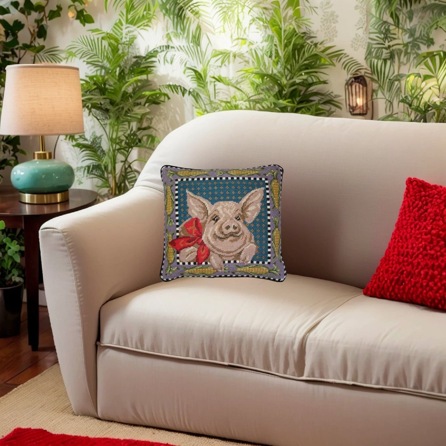 Handmade Wool Needlepoint Pillow Cover - Decorative Throw Cushion Cover - Vintage Floral Embroidery Design pig around by corn