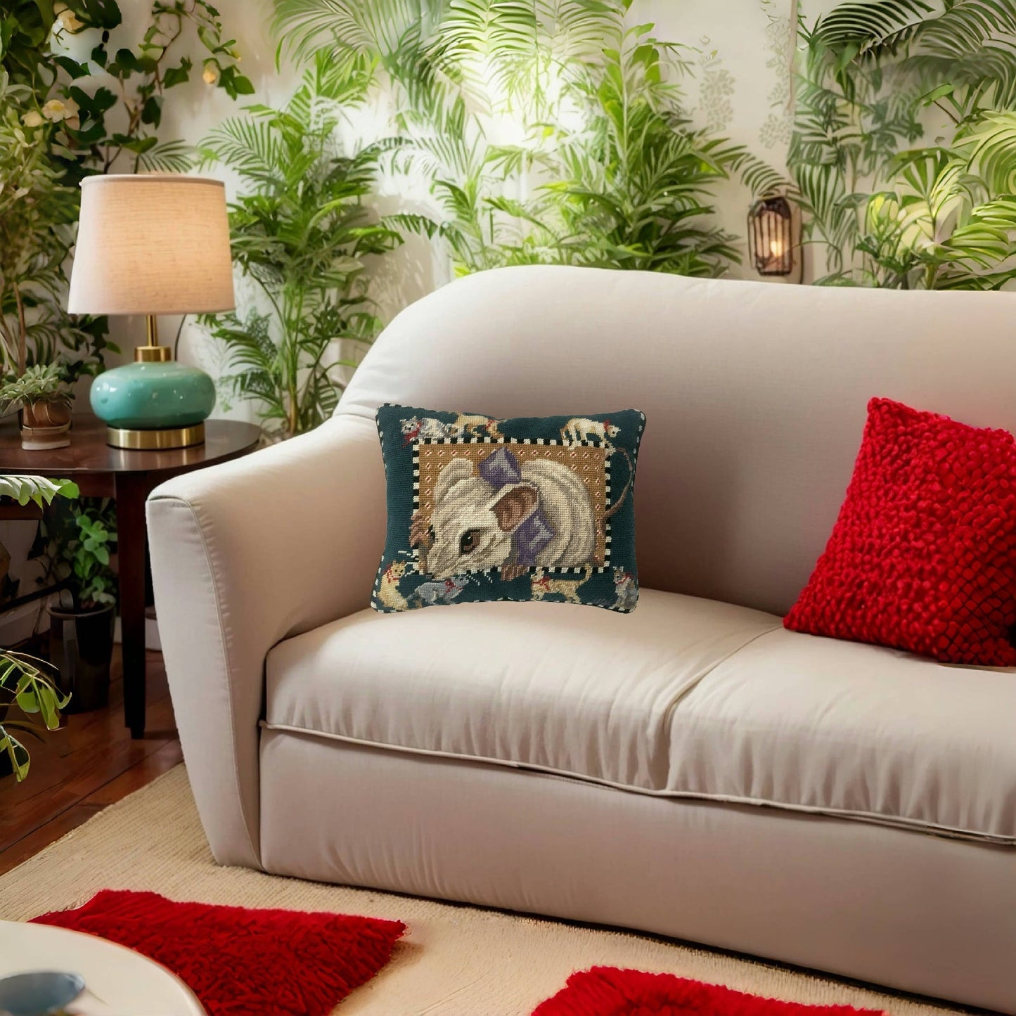 Handmade Wool Needlepoint Pillow Cover - Decorative Throw Cushion Cover - Vintage Floral Embroidery Design mouse surrounded by cats & dogs