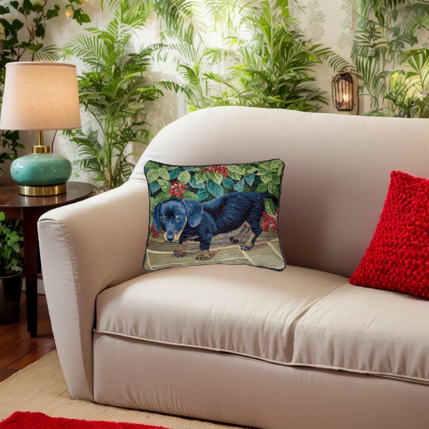 Handmade Wool Needlepoint Pillow Cover - Decorative Throw Cushion Cover - Vintage Floral Embroidery Design black dog green cording