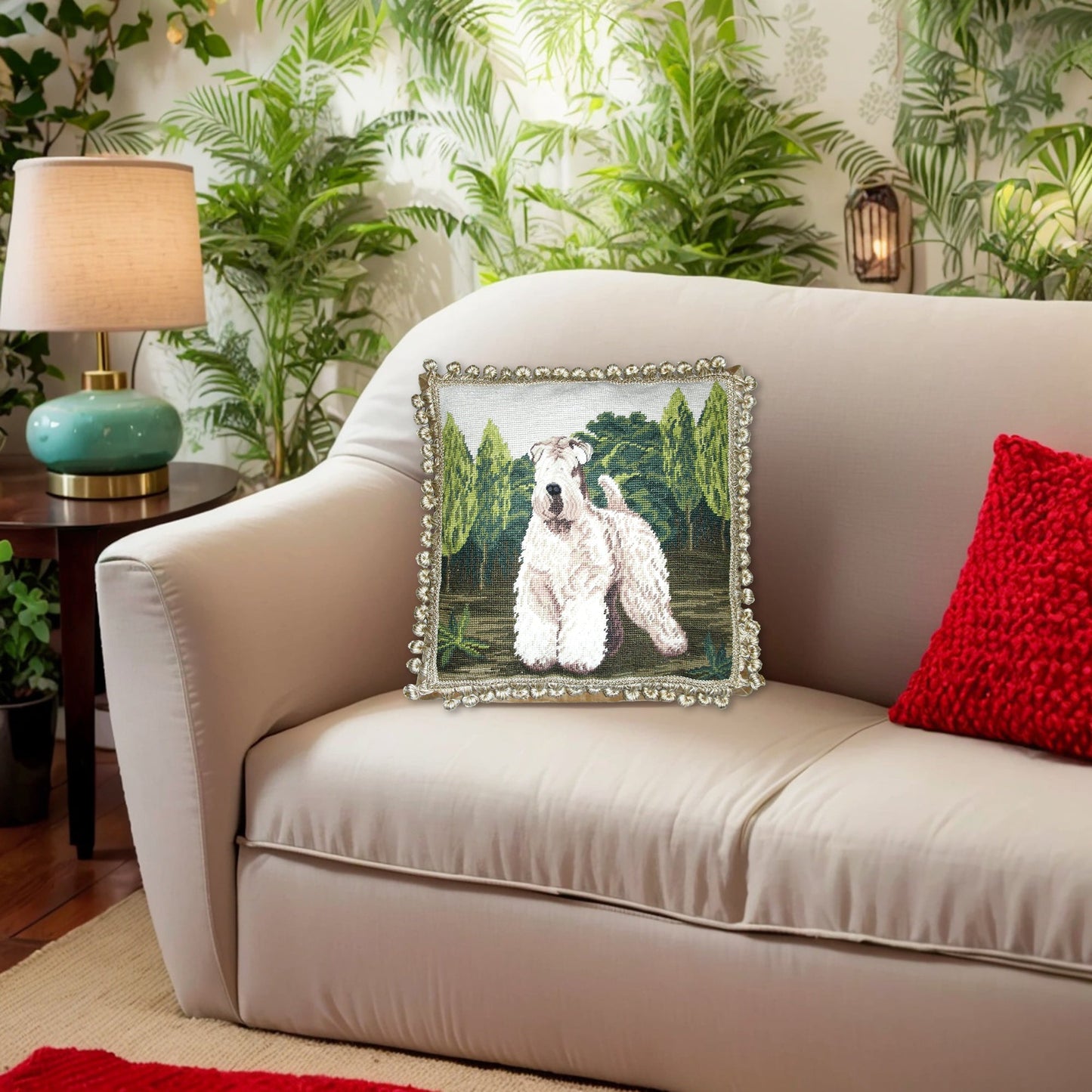 Handmade Wool Needlepoint Pillow Cover - Decorative Throw Cushion Cover - Vintage Floral Embroidery Design white Wheaten Terrie face rest with tassels