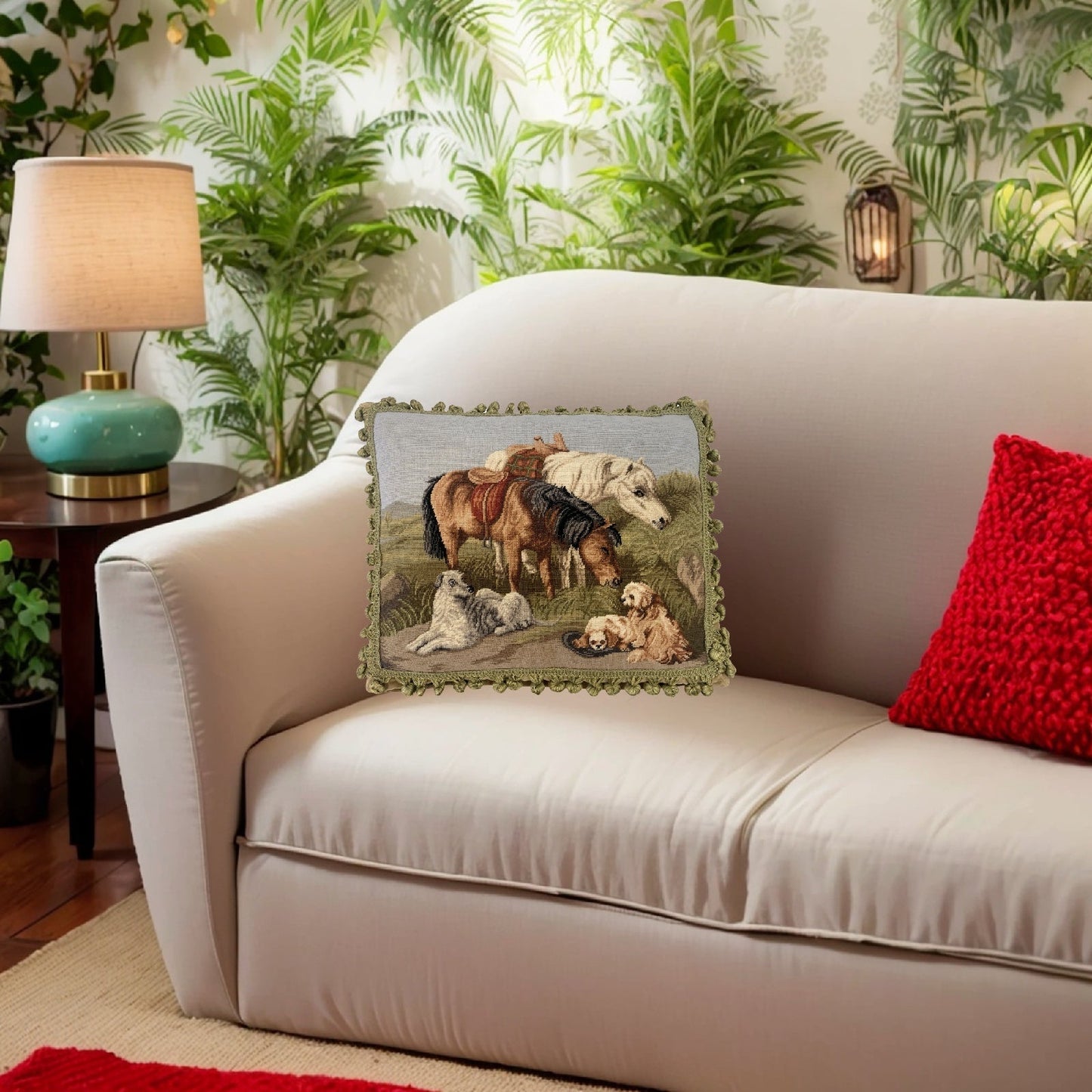 Handmade Wool Needlepoint Pillow Cover - Decorative Throw Cushion Cover - Vintage Floral Embroidery Design Horses & Dogs with 2 color tassels
