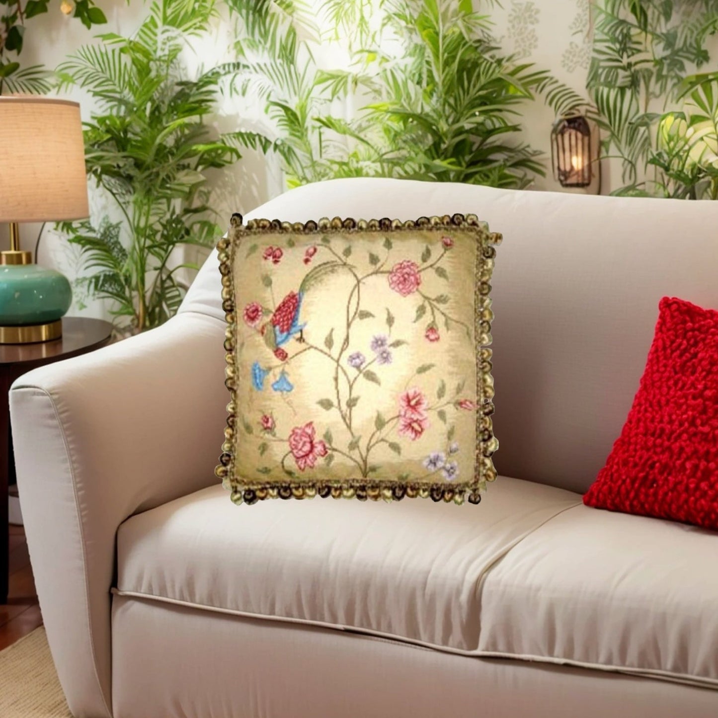 Handmade Wool Needlepoint Pillow Cover - Decorative Throw Cushion Cover - Vintage Floral Embroidery Design red/blue phoenix & plum in blossom with 3 color tassels 1