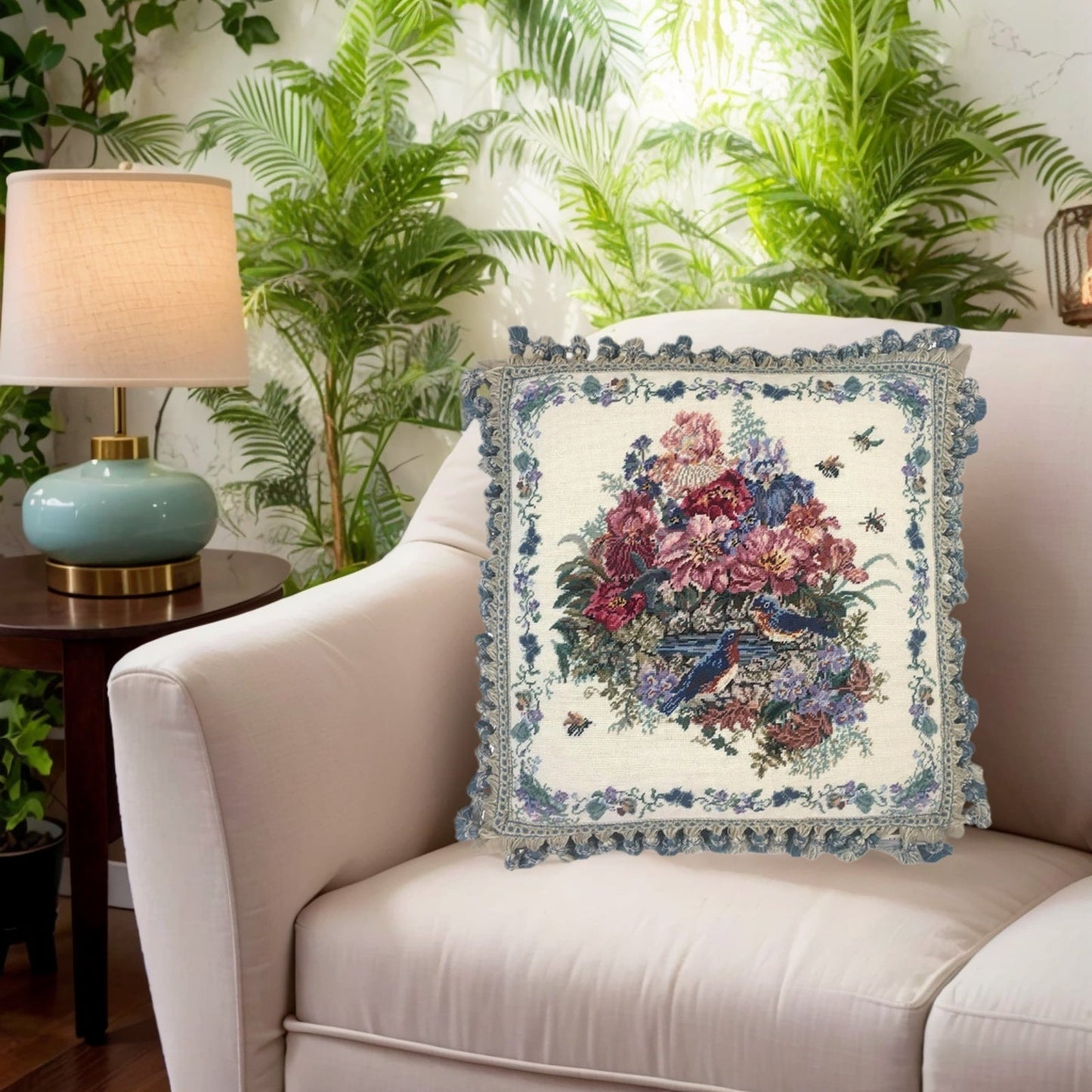 Handmade Wool Needlepoint Pillow Cover - Decorative Throw Cushion Cover - Vintage Floral Embroidery Design blue birds with tassel