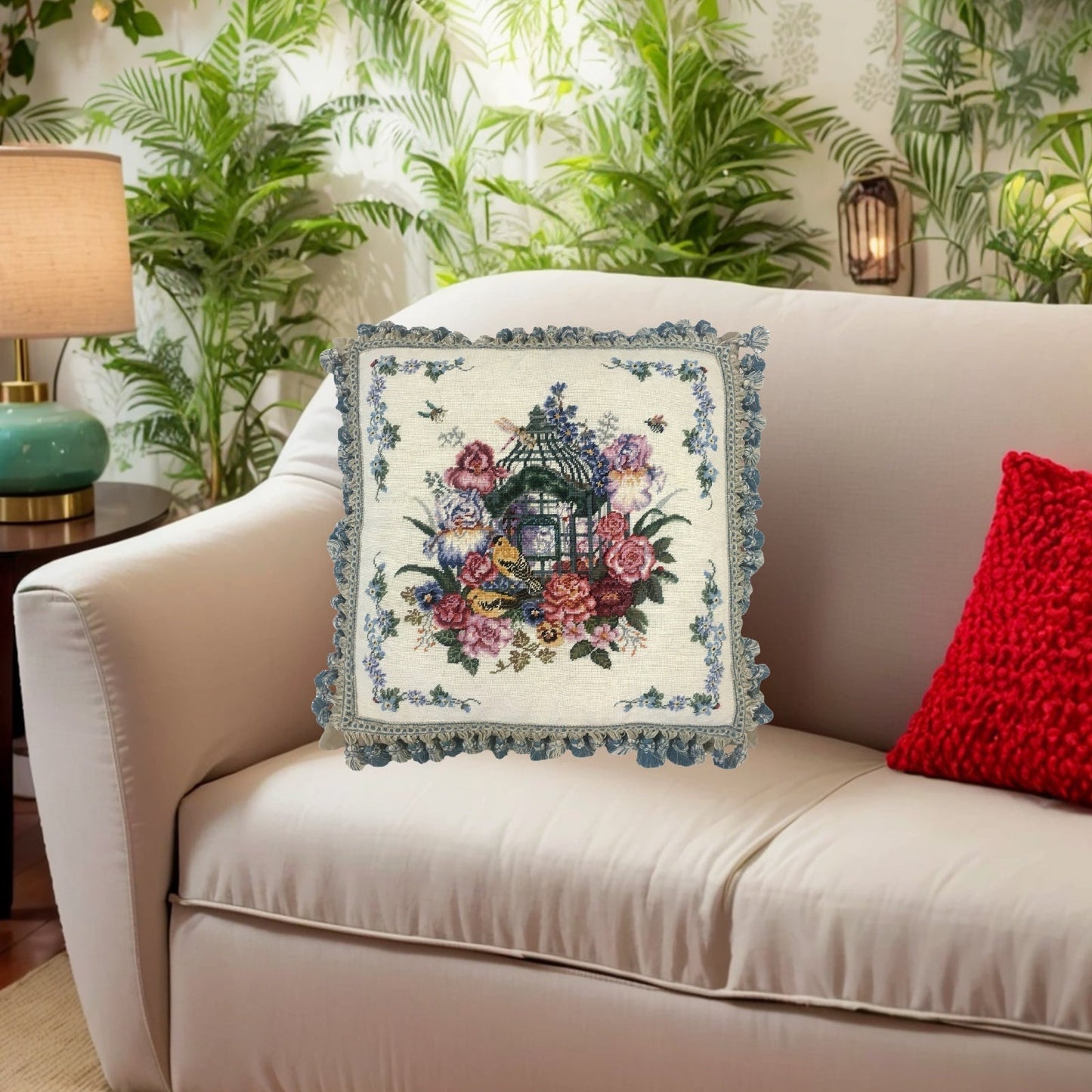 Handmade Wool Needlepoint Pillow Cover - Decorative Throw Cushion Cover - Vintage Floral Embroidery Design yellow birds with tassel