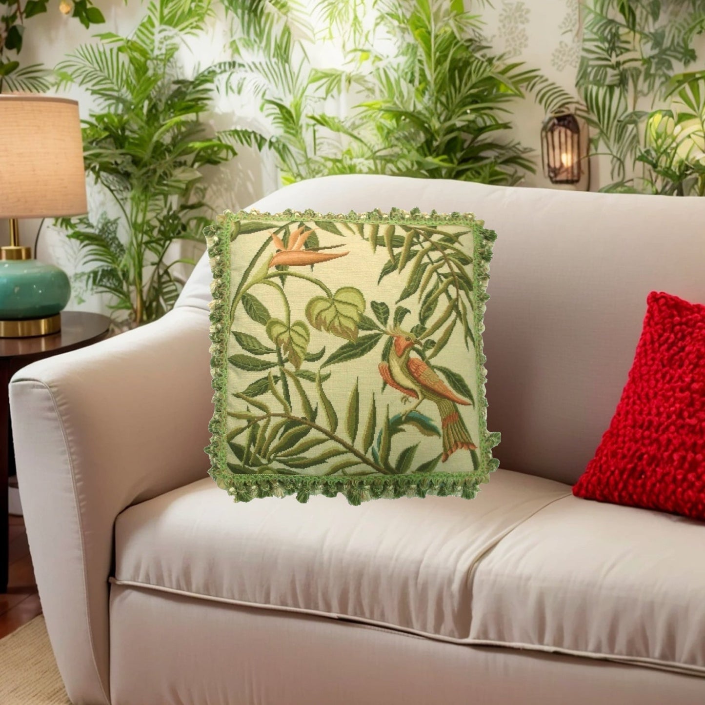 Handmade Wool Needlepoint Pillow Cover - Decorative Throw Cushion Cover - Vintage Floral Embroidery Design birds of Paradise with tassel